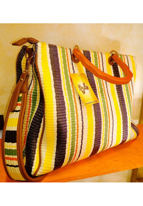 BOLSO RAFIA SINTÉTICA ASAS MADERA MULTICOLOR